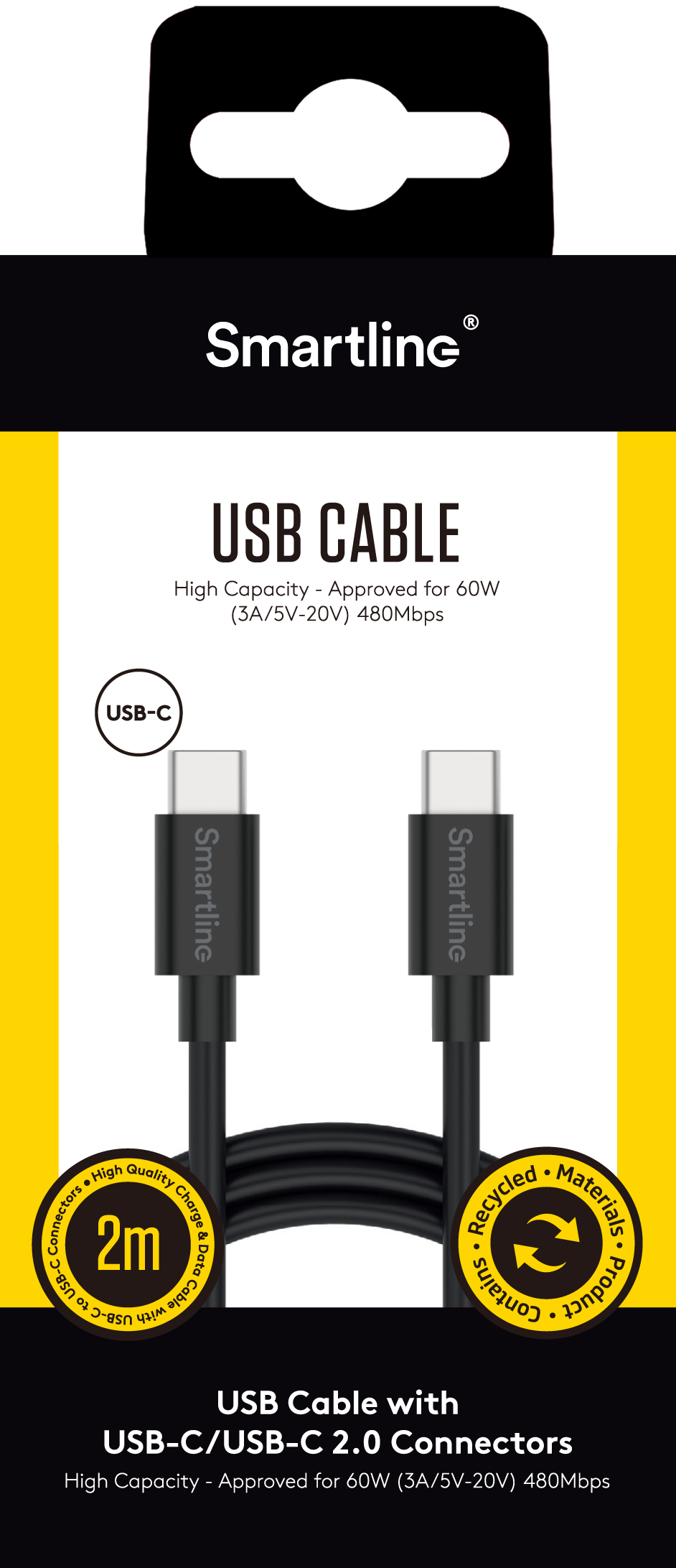 USB-kabel USB-C - USB-C 2m schwarz