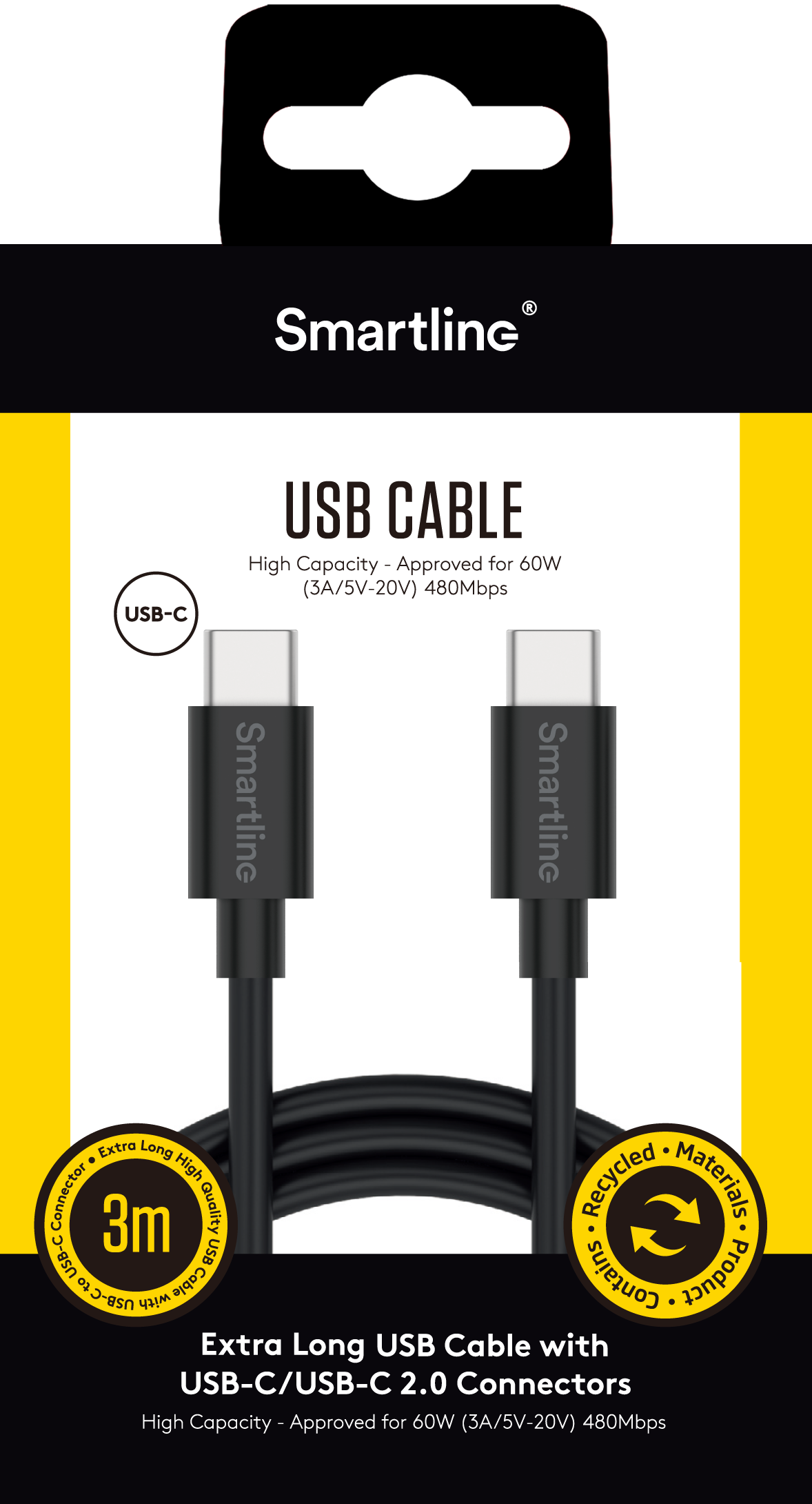 USB-kabel USB-C - USB-C 3m schwarz