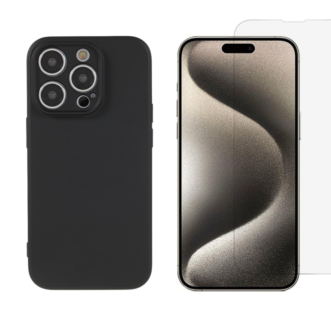 iPhone 15 Pro Kit mit TPU-Hülle und Displayschutz-Panzerglas