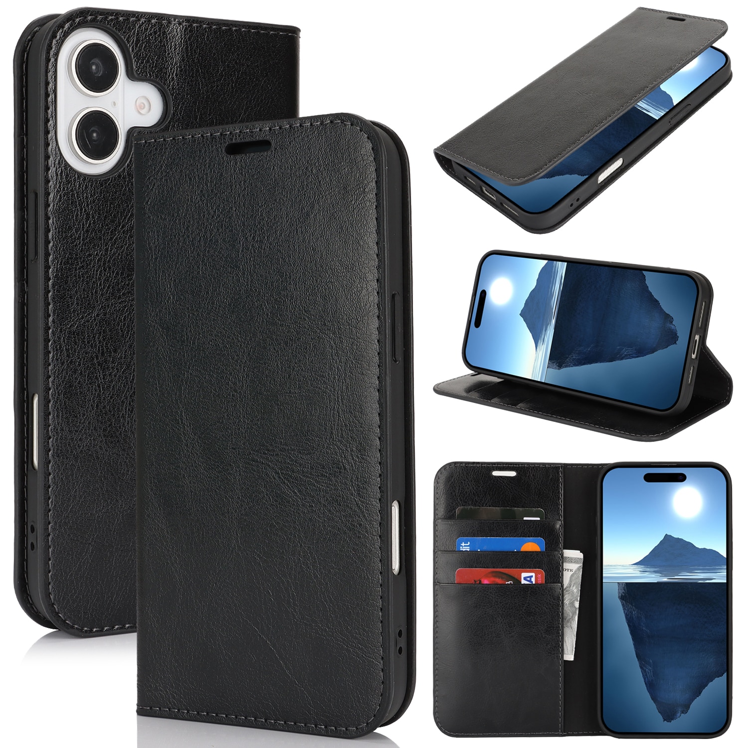 iPhone 16 Handytasche aus Echtem Leder Schwarz