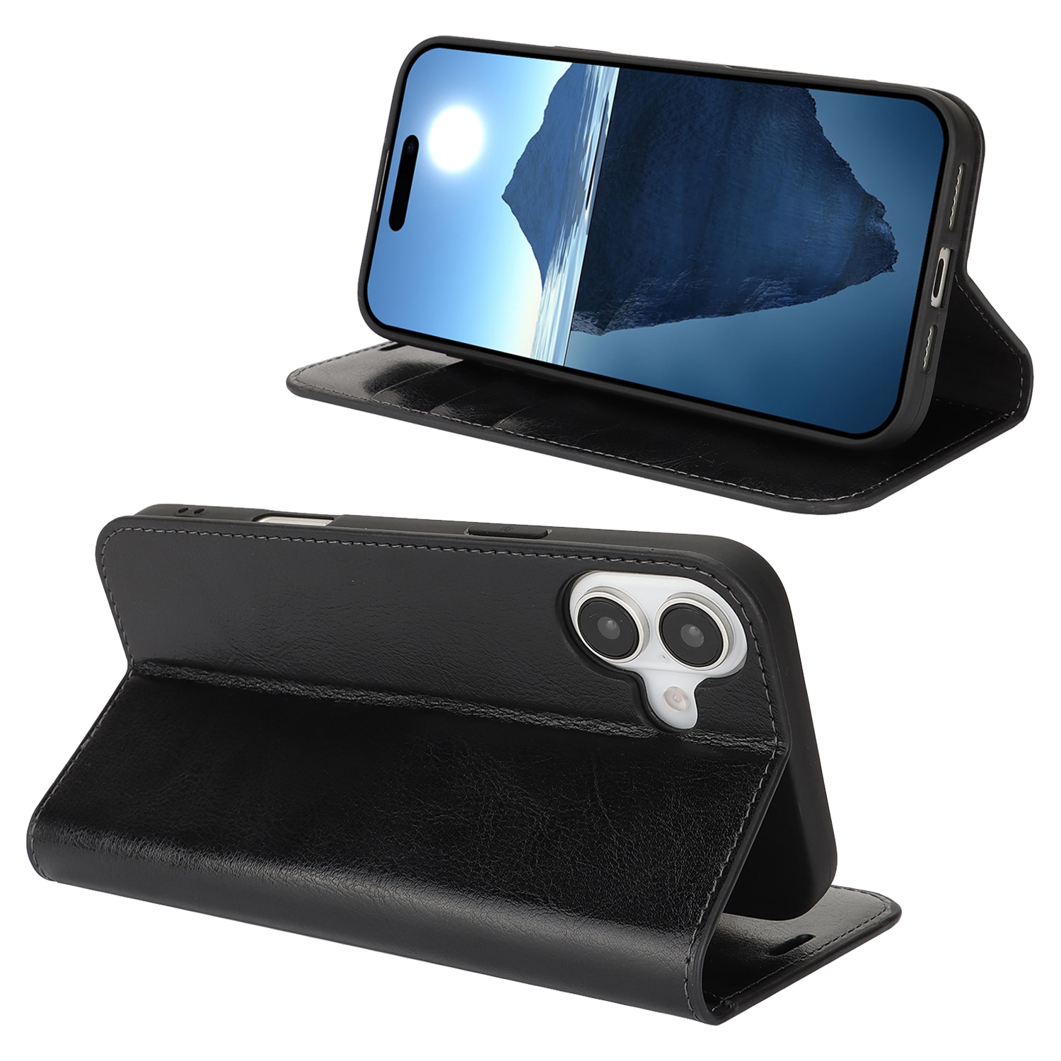 iPhone 16 Plus Handytasche aus Echtem Leder schwarz