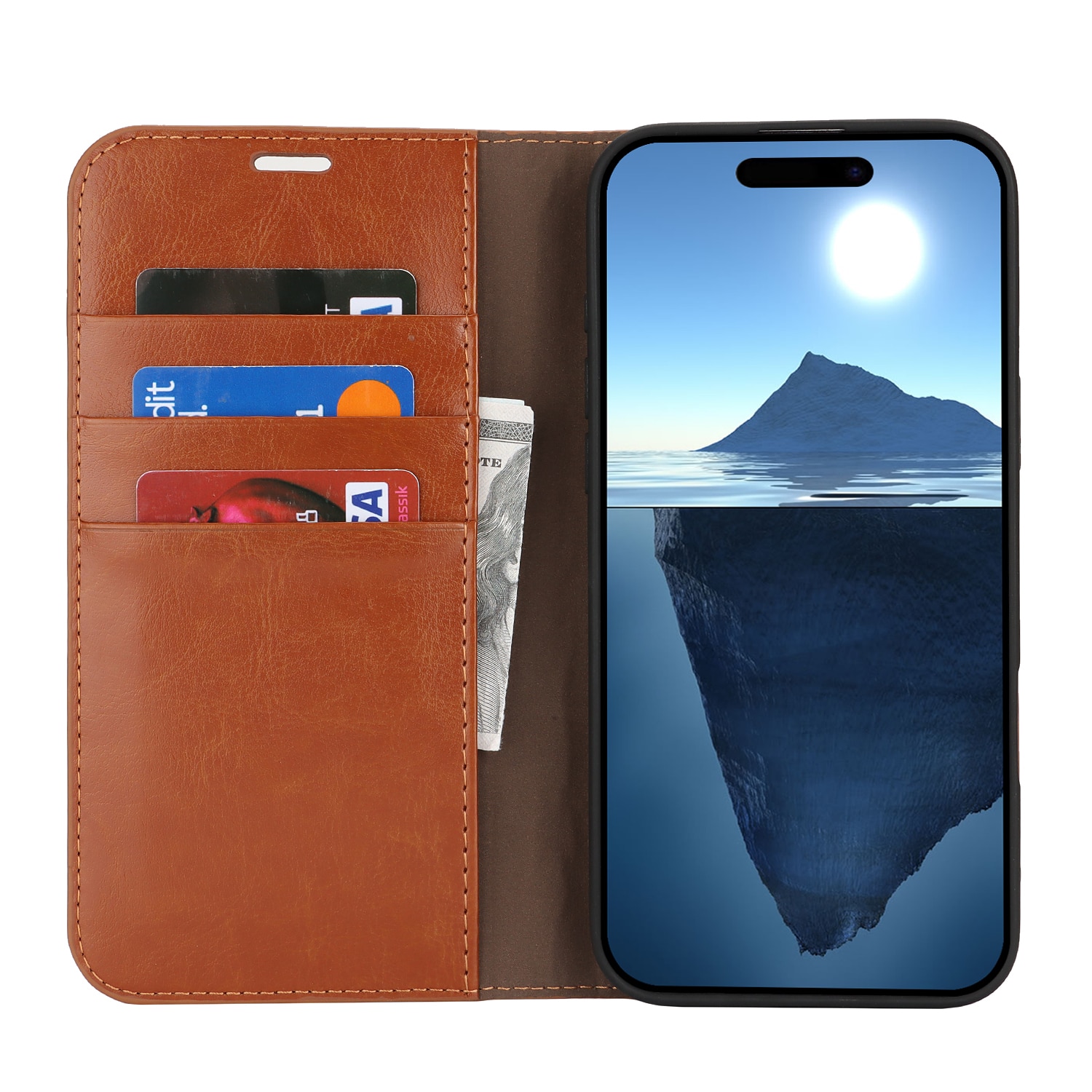 iPhone 16 Plus Handytasche aus Echtem Leder Braun