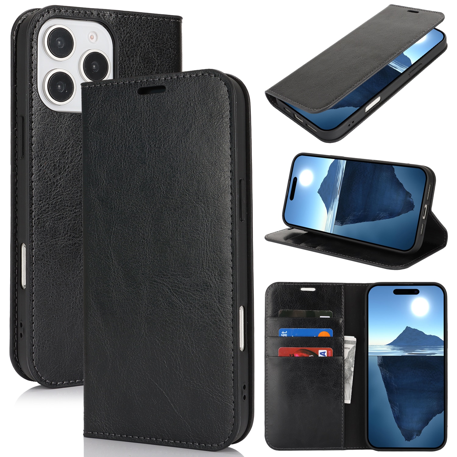 iPhone 16 Pro Handytasche aus Echtem Leder Schwarz