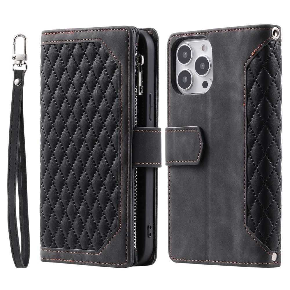 iPhone 16 Pro Brieftasche Hülle Quilted Schwarz