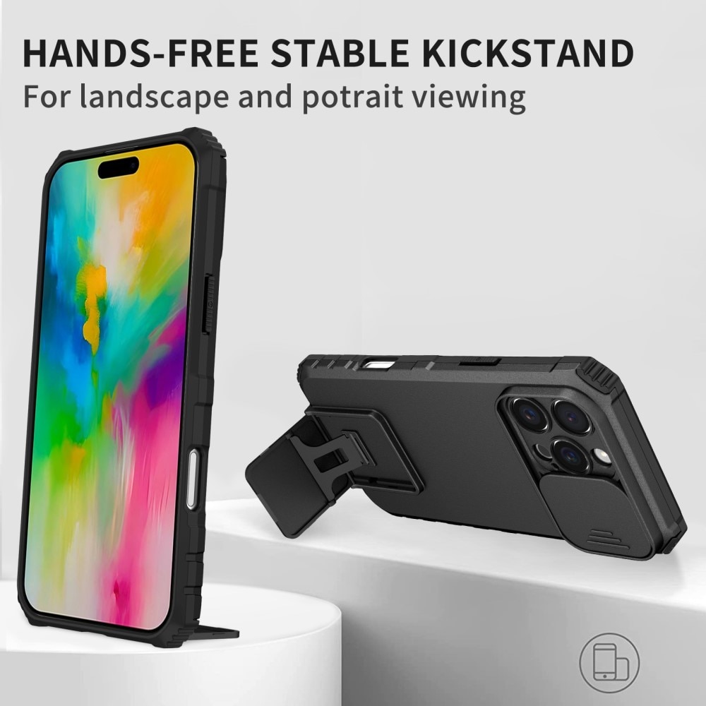 iPhone 16 Pro Max Kickstand Handyhülle mit Kameraabdeckung Schwarz