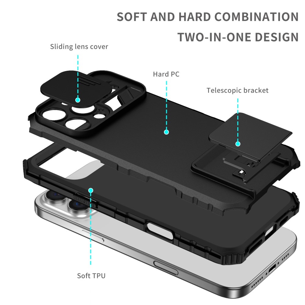 iPhone 16 Pro Kickstand Handyhülle mit Kameraabdeckung Schwarz