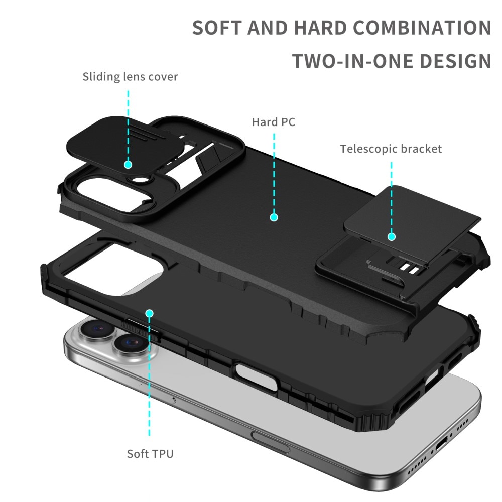 iPhone 16 Kickstand Handyhülle mit Kameraabdeckung Schwarz