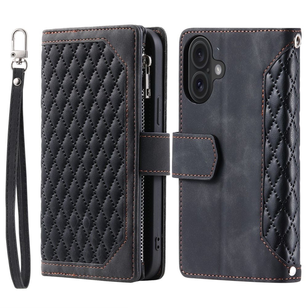 iPhone 16 Plus Brieftasche Hülle Quilted Schwarz