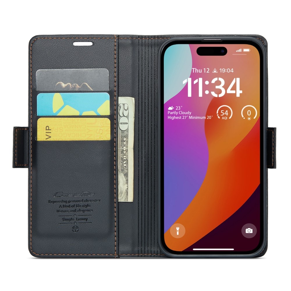 RFID-geschützte Slim Portemonnaie-Hülle iPhone 16 Pro Schwarz