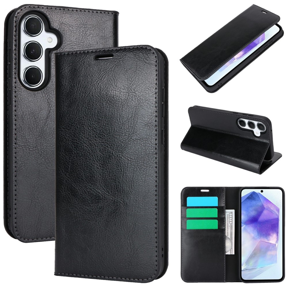 Samsung Galaxy S24 FE Handytasche aus Echtem Leder Schwarz