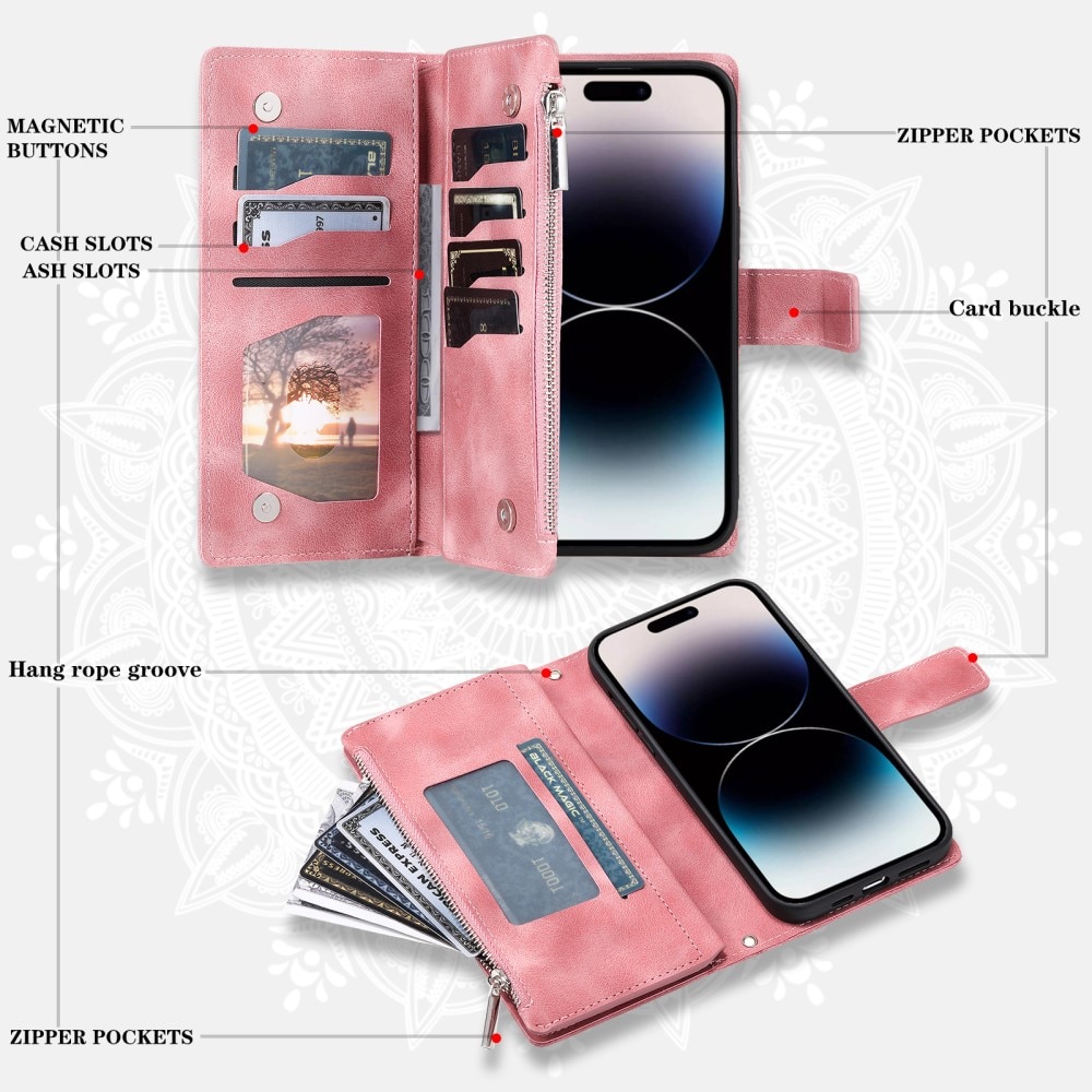 iPhone 15 Pro Brieftasche Hülle Mandala, rosa