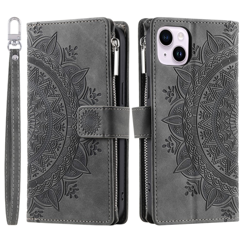 iPhone 15 Brieftasche Hülle Mandala, grau