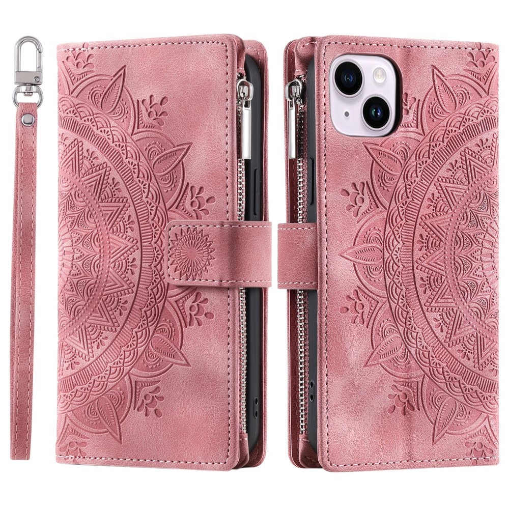 iPhone 15 Brieftasche Hülle Mandala, rosa