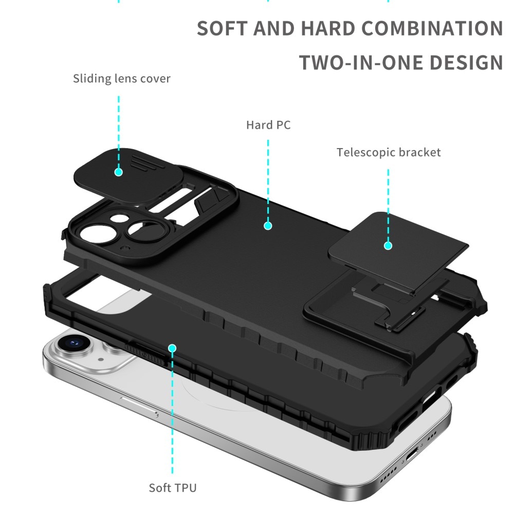 iPhone 15 Kickstand Handyhülle mit Kameraabdeckung Schwarz