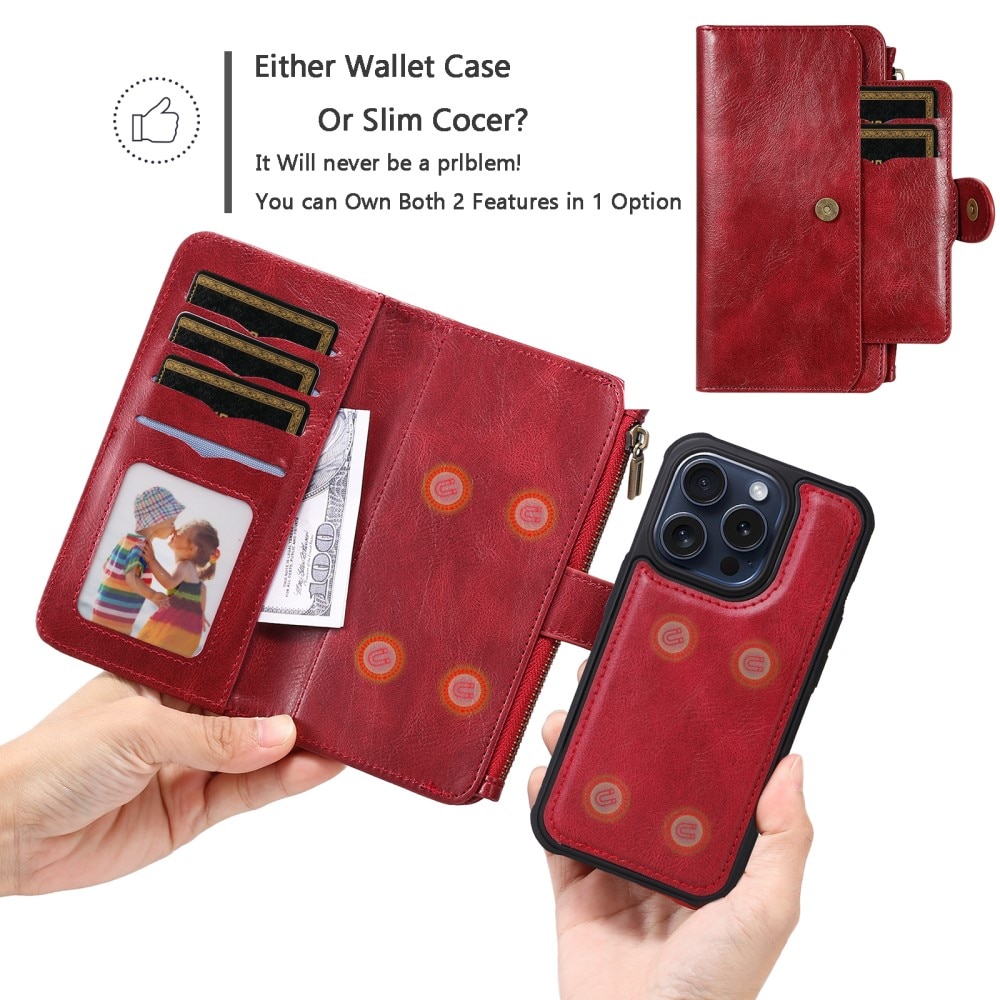 iPhone 15 Pro Magnet Leather Multi-Wallet rot