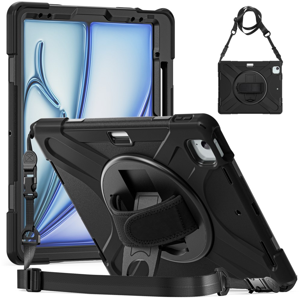 iPad Air 13 (2024) Stoßfeste Hybrid-Hülle mit Schultergurt schwarz