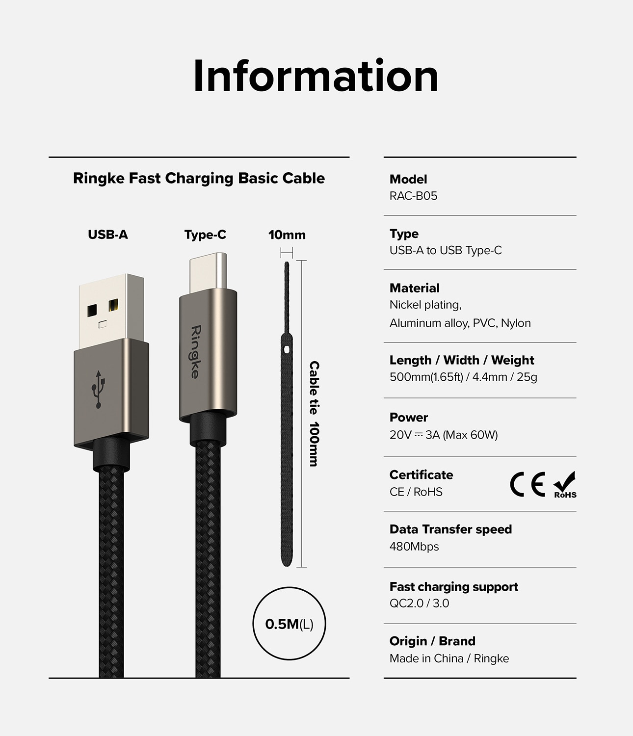 Fast Charging Basic Kabel USB-A -> USB-C 0,5m, schwarz