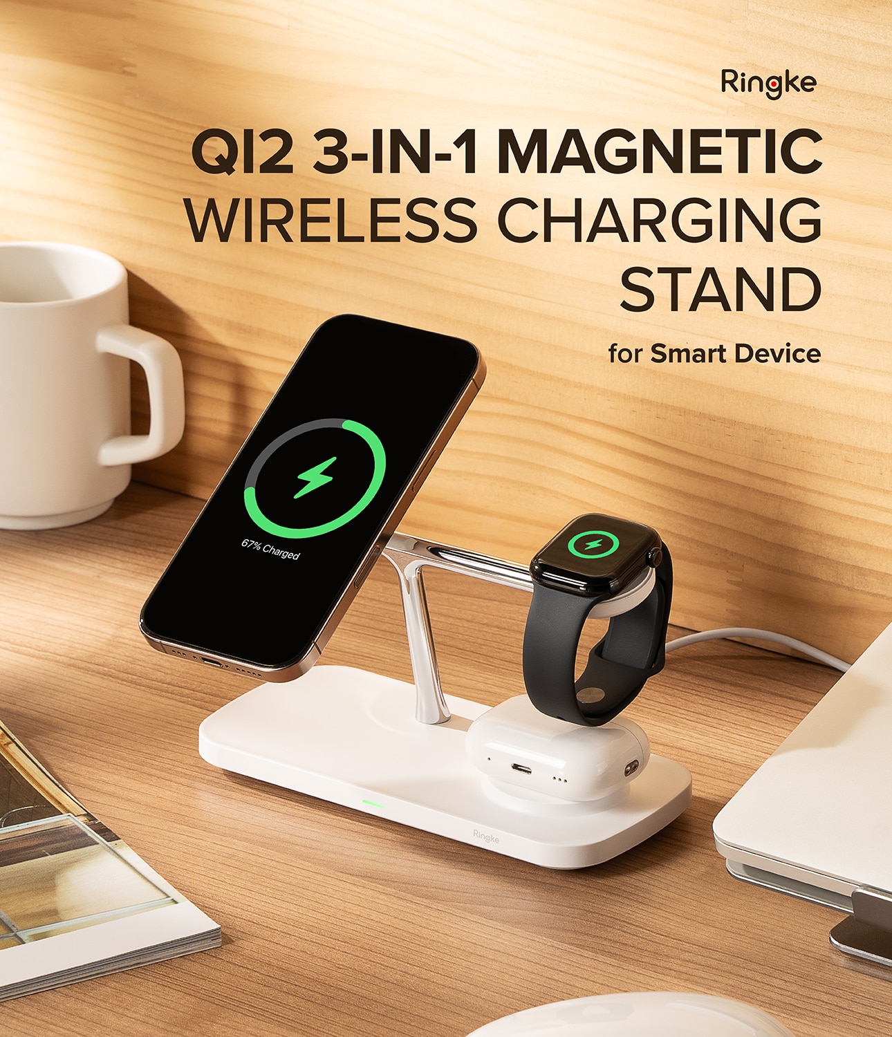 3-in-1 Wireless Charger Stand Qi2 MagSafe weiß